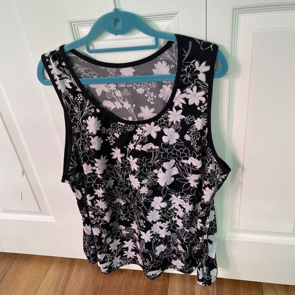 Lands End Plus Size Floral Black & White Stretch Tank Top Size 1X